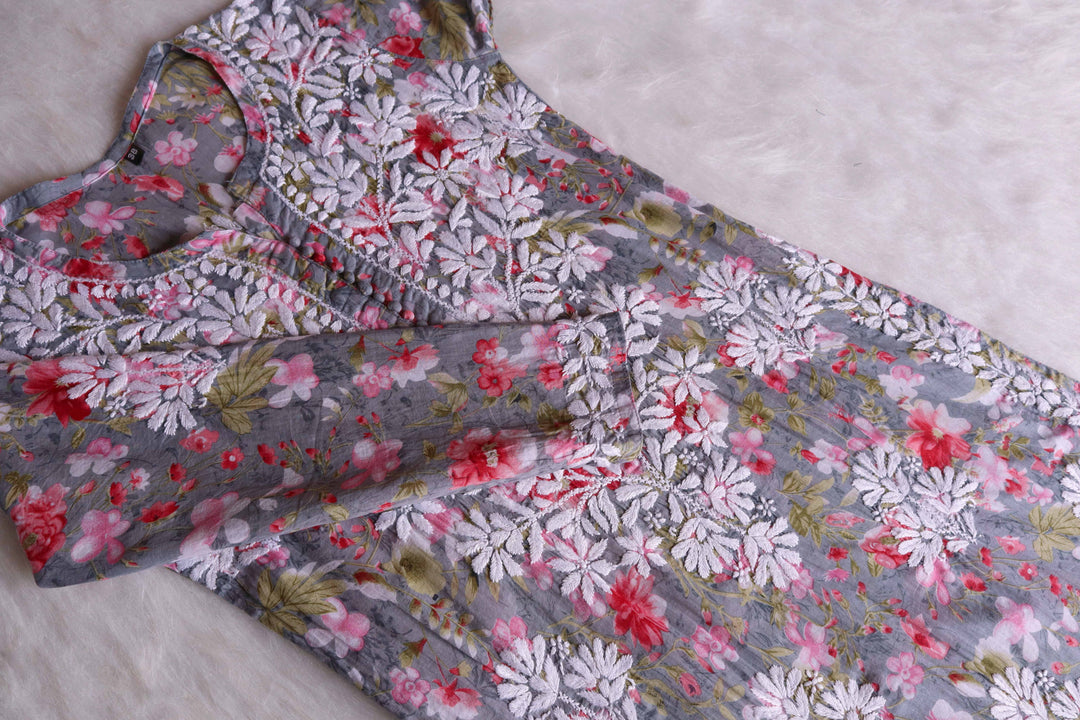 Abiha Grey Floral Luxe MulMul kurta