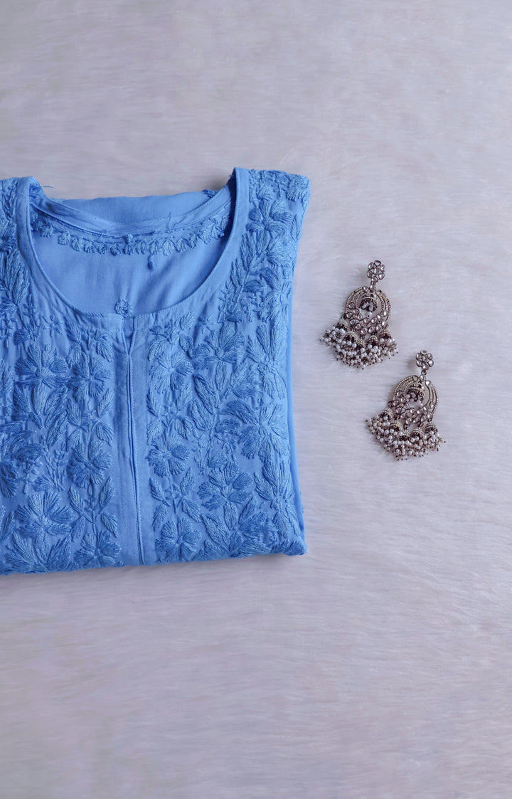 Gul Ice Blue Scalloped Long Rayon Kurta