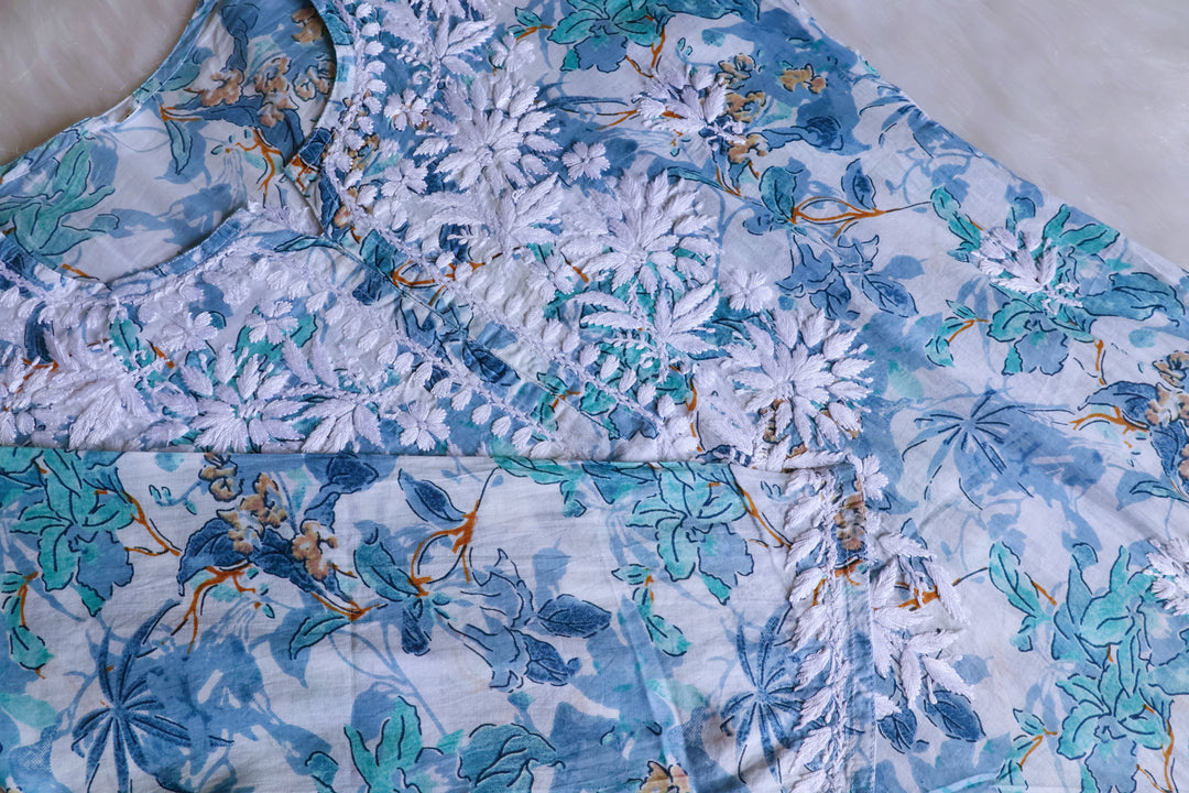 Maahgul Ice Blue Floral Long MulMul kurta