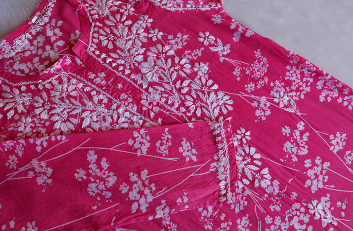 Farhaa Pink Floral Long MulMul kurta