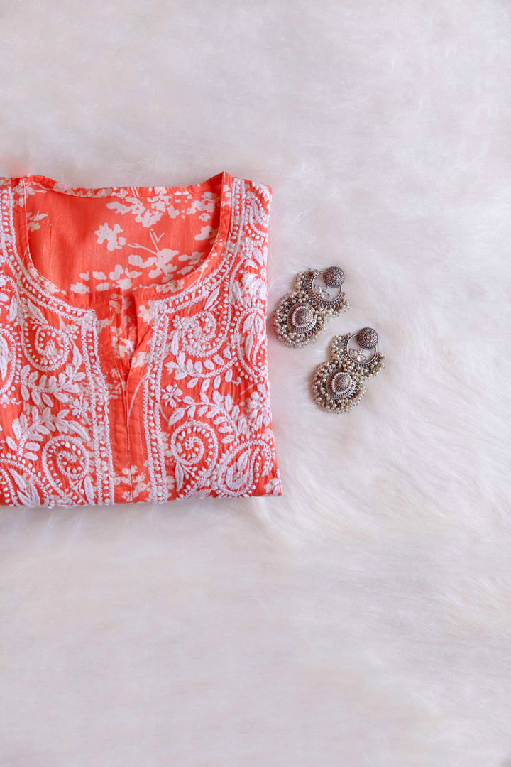 Farhaa Peach Floral Long MulMul kurta