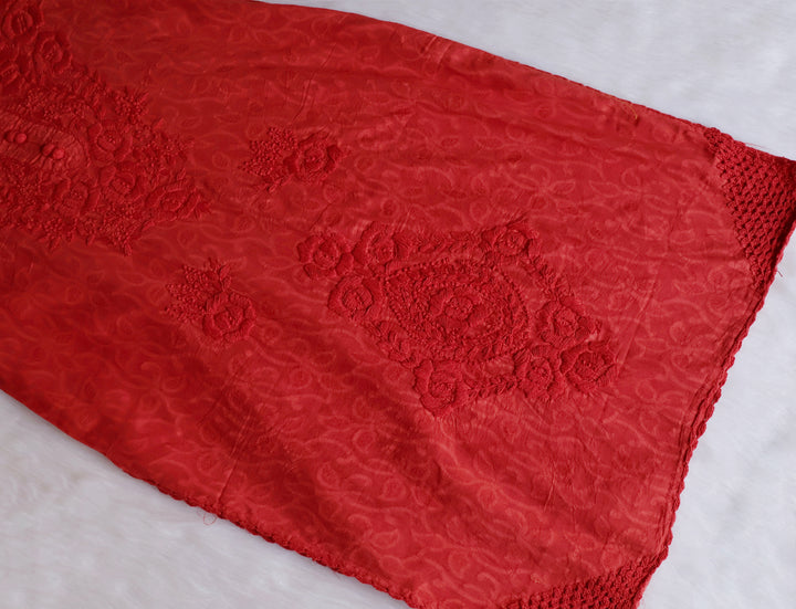 Coral Long Jacquard Lace Cotton kurta - Noor Chikankari