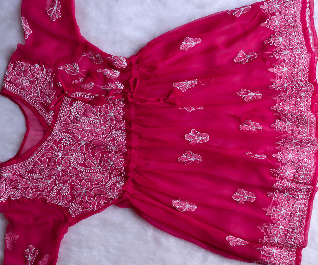 Deep Pink & White Georgette Angrakha frock