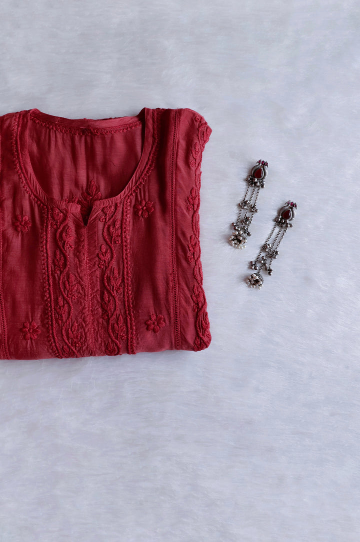 Maaham Pure Muslin Rose Brown Kurta - Noor Chikankari