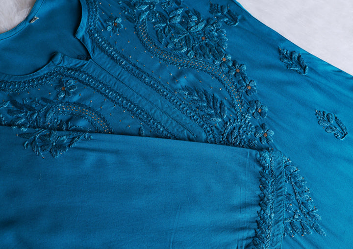 Naida Ocean Blue Rayon mukaish Long Kurta