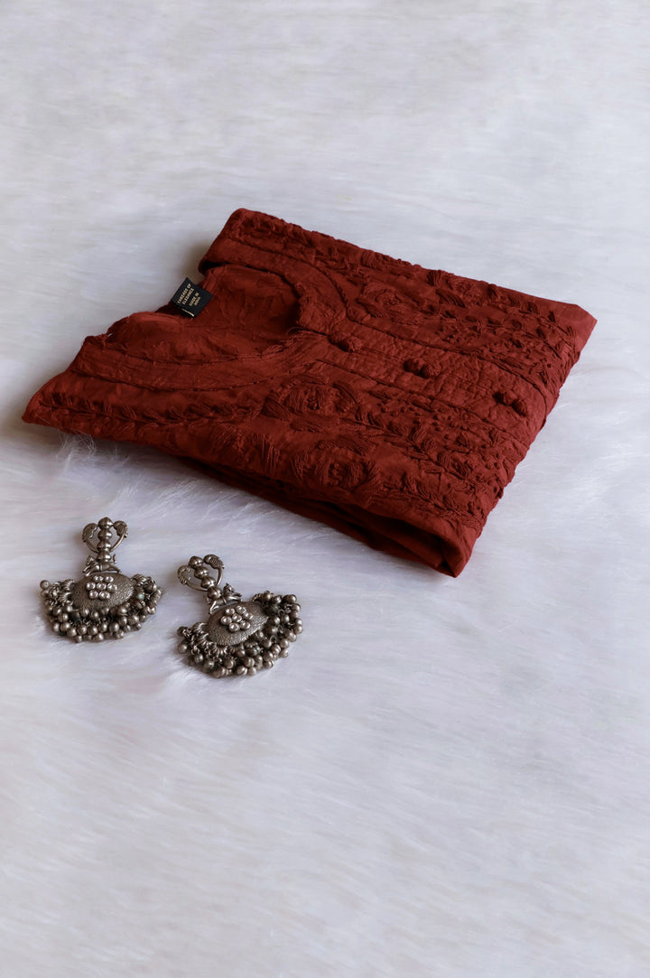 Brown long Jacquard Lace Cotton kurta - Noor Chikankari
