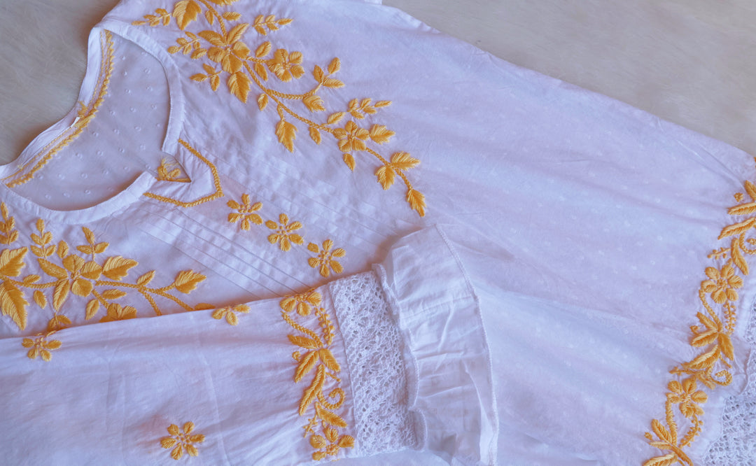 Nazakat White & Pastel Yellow Premium Cotton kurta