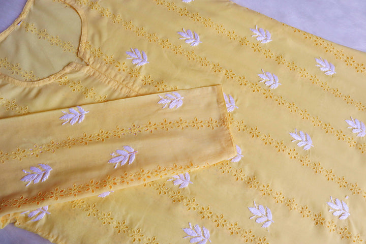 Tahira Yellow Cotton Schiffli long kurta