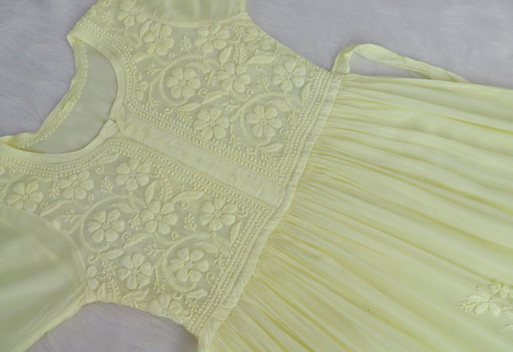 Aafiyat Pure Muslin Butter Yellow Chikankari Fit and Flare dress