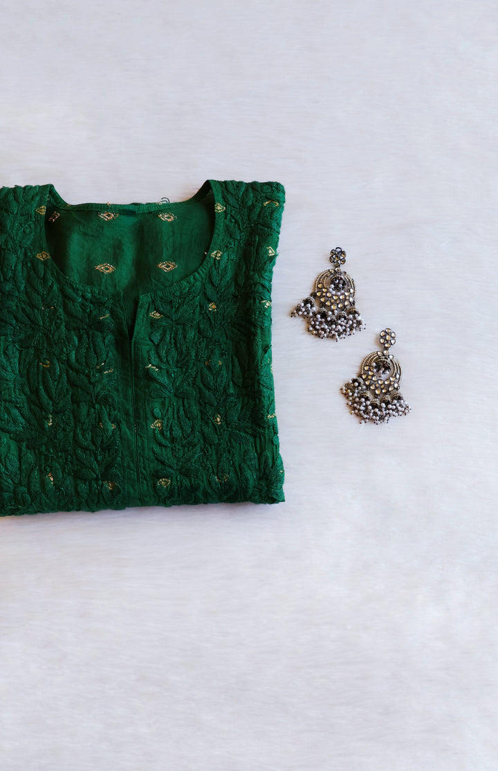 Nazakat Deep Green Long Chanderi Kurta