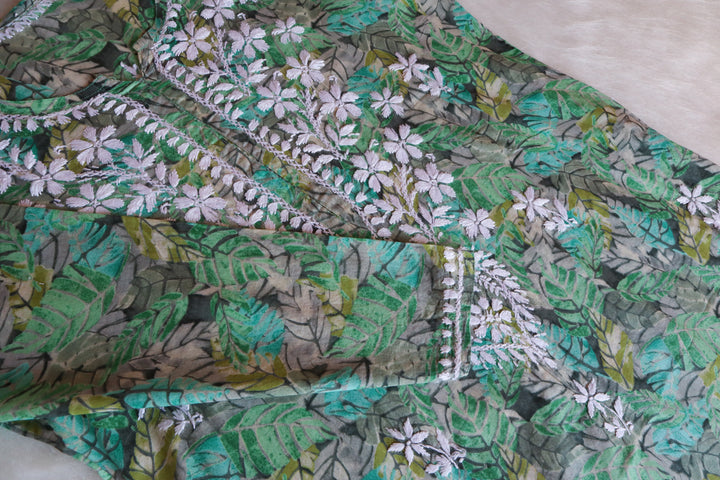 Zahra Green Floral Long MulMul kurta