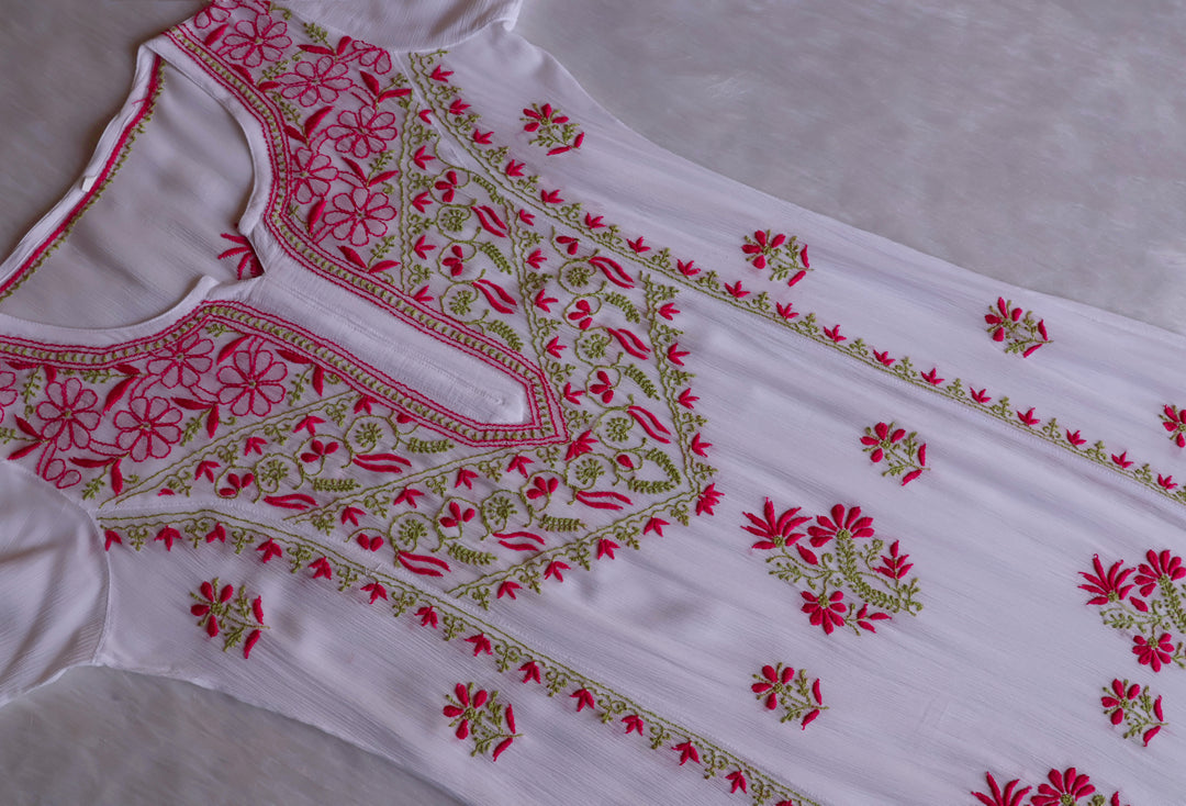 Hoorain White, Pink & Green Pure Chiffon Kurta
