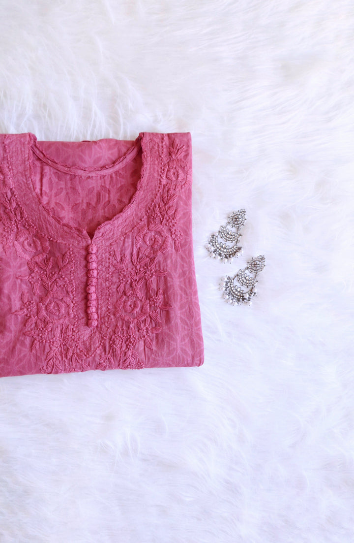 Mauve Pink Long Jacquard Cotton kurta - Noor Chikankari