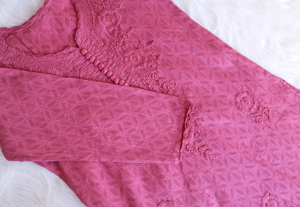 Mauve Pink Long Jacquard Cotton kurta - Noor Chikankari
