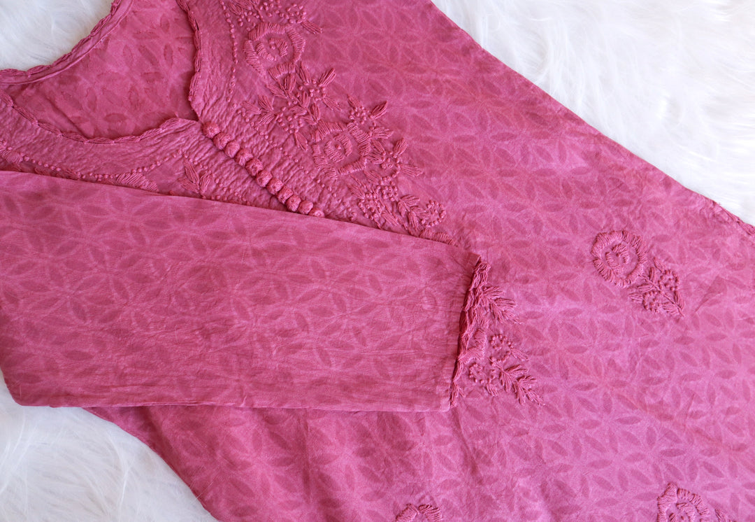 Mauve Pink Long Jacquard Cotton kurta - Noor Chikankari