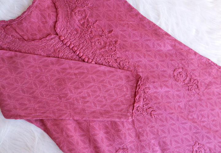 Mauve Pink Long Jacquard Cotton kurta - Noor Chikankari