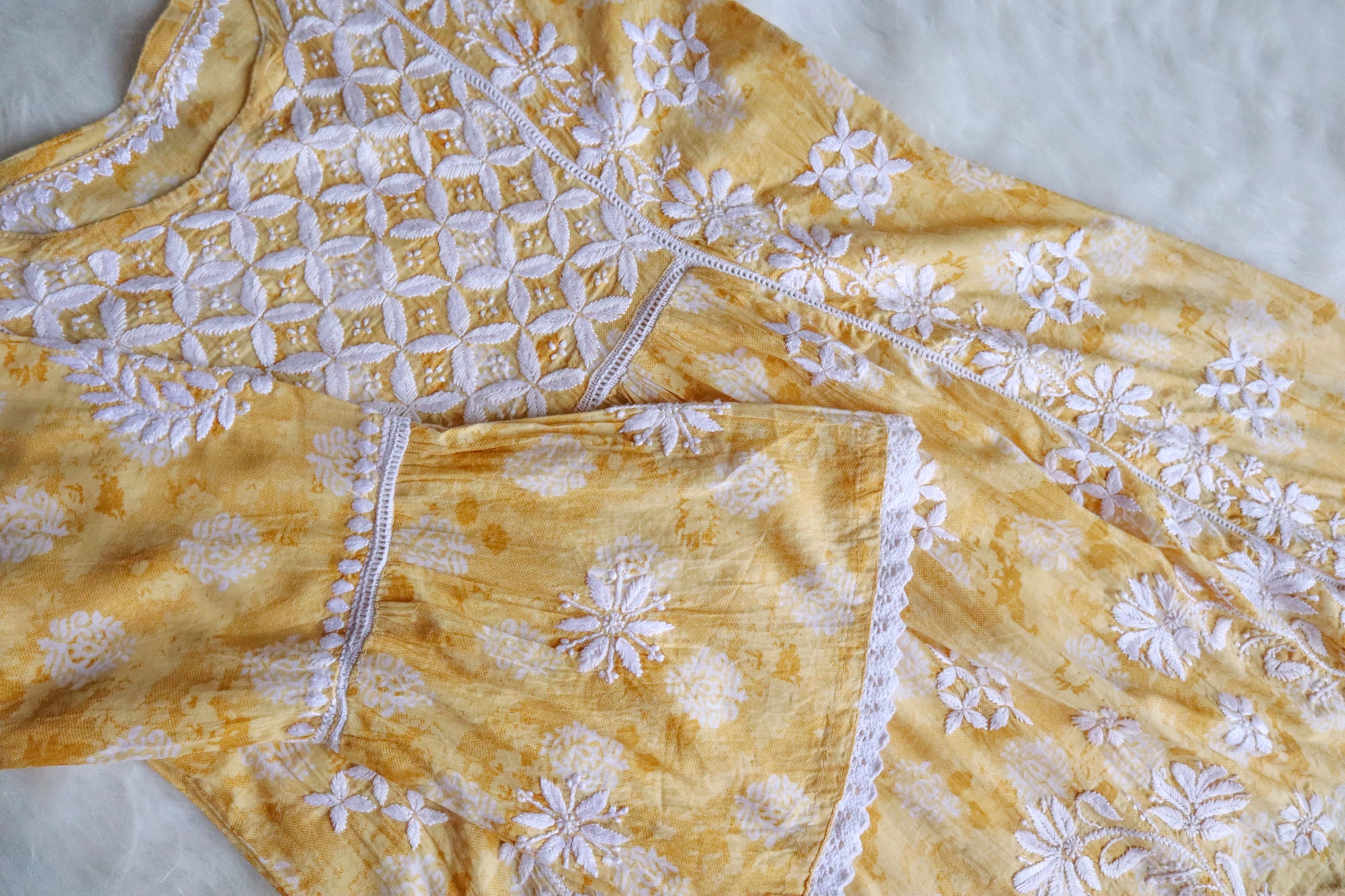 Meera Yellow Floral Mulmul Lace Frock