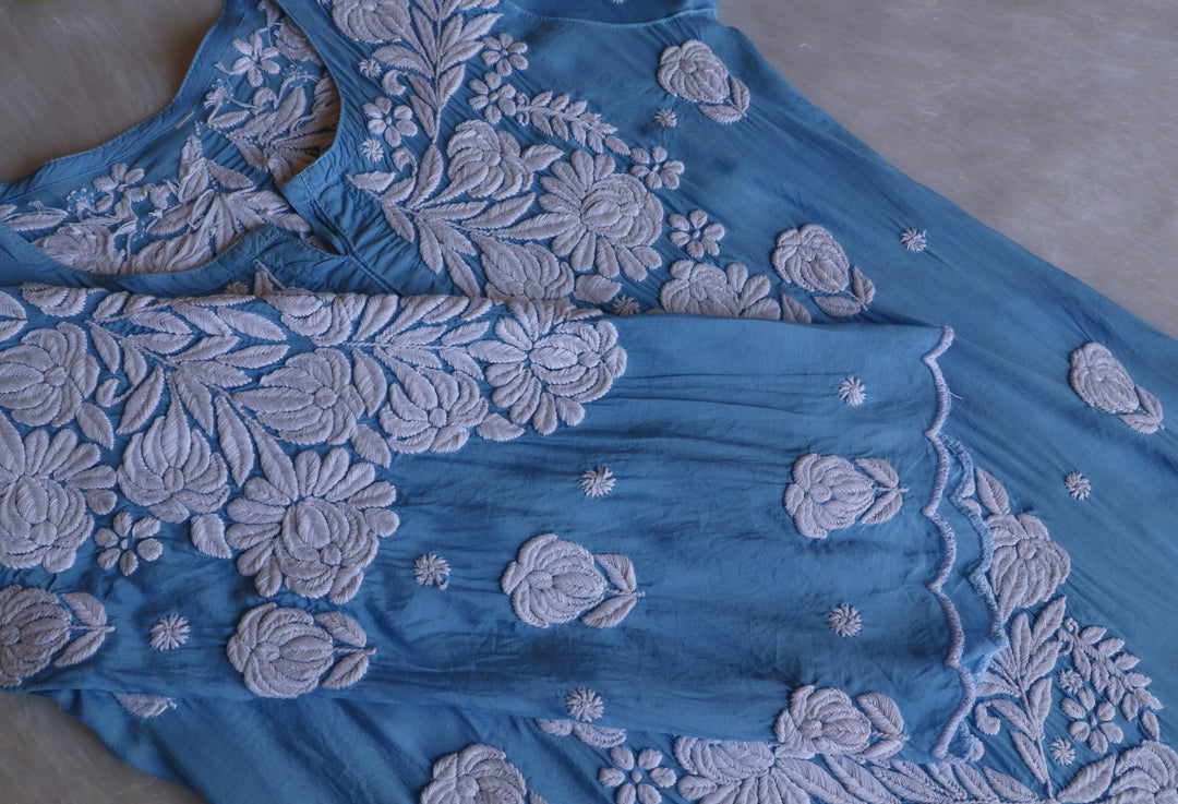 Noor Ice Blue 10D Pure Muslin Scalloped Kurta Set