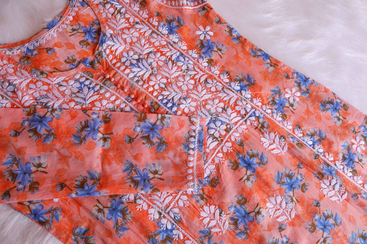 Dahlia Premium Peach Floral Long MulMul kurta