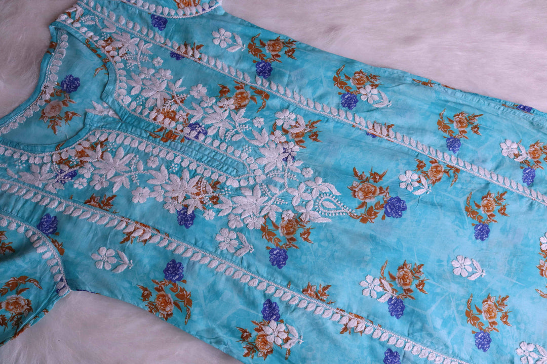 Gul Premium Blue Floral Long MulMul kurta