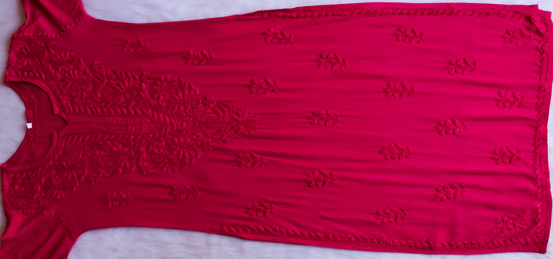 Amirah Deep Pink Ombre Long Rayon Kurta - Noor Chikankari