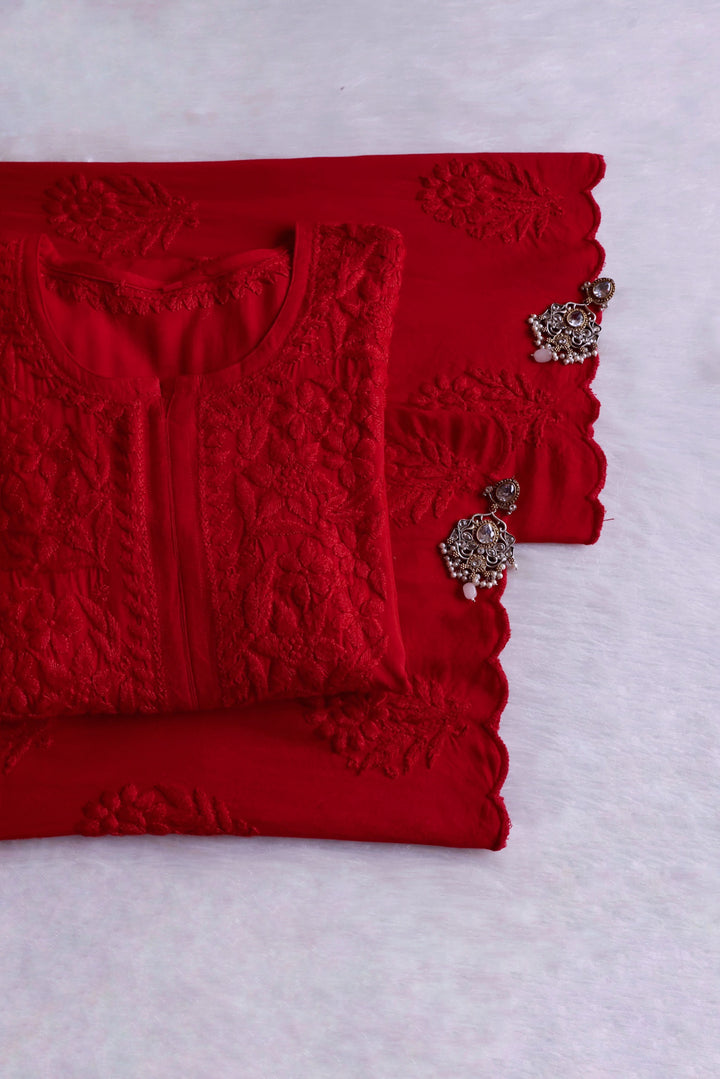 Alishba Red Scalloped Rayon set