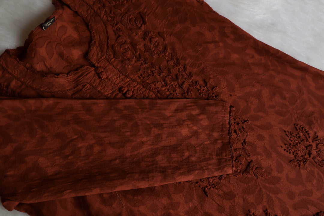Brown long Jacquard Lace Cotton kurta - Noor Chikankari