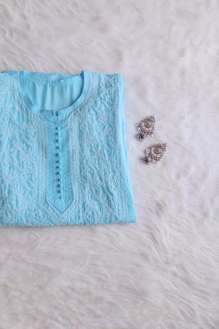 Zahrah Sky Blue Cotton Mulmul long kurta