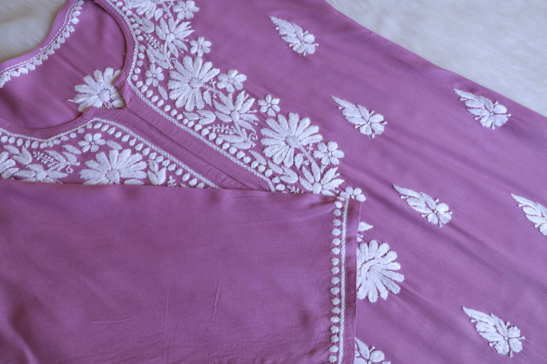 Duaa Lavender Long Rayon kurta - Noor Chikankari