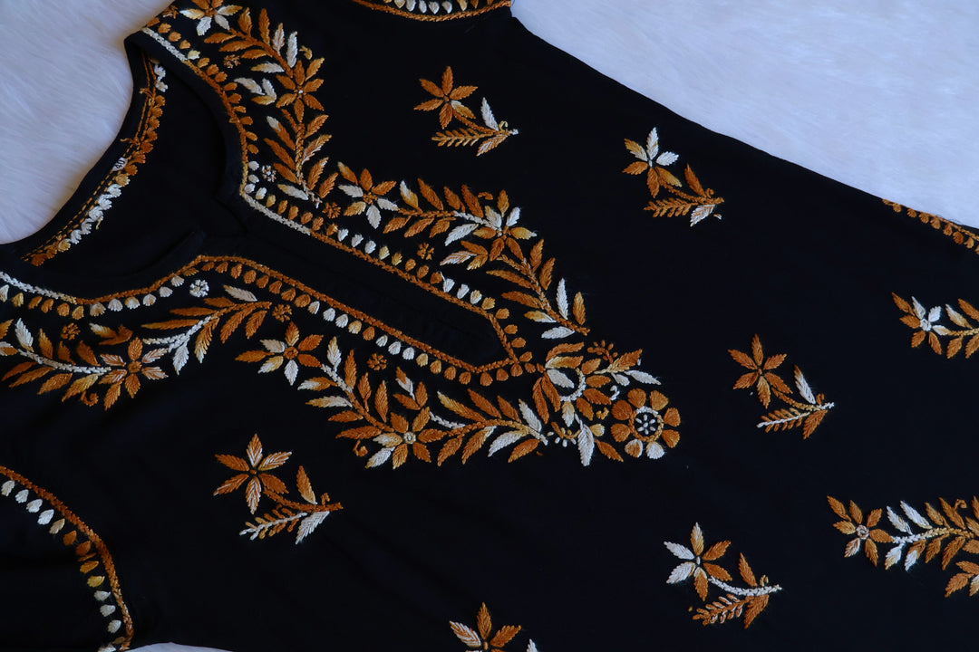 Maaham Black & Golden Beige Short Rayon Kurta - Noor Chikankari