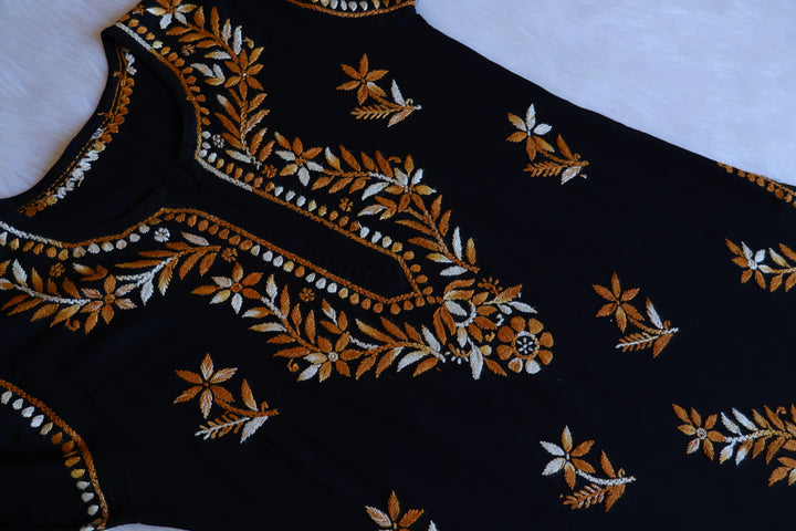 Maaham Black & Golden Beige Short Rayon Kurta - Noor Chikankari