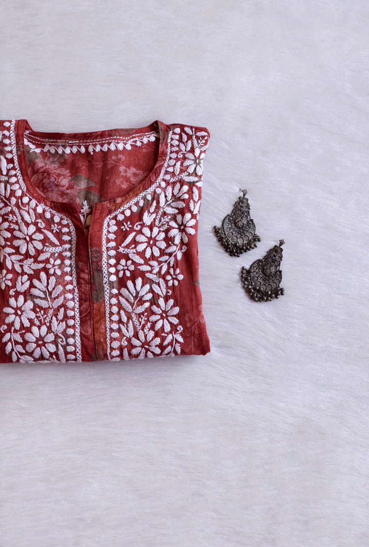Dahlia Brick Red Floral Long MulMul kurta