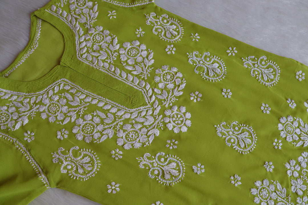 Zaira Olive Green & White Short Georgette Kurta - Noor Chikankari