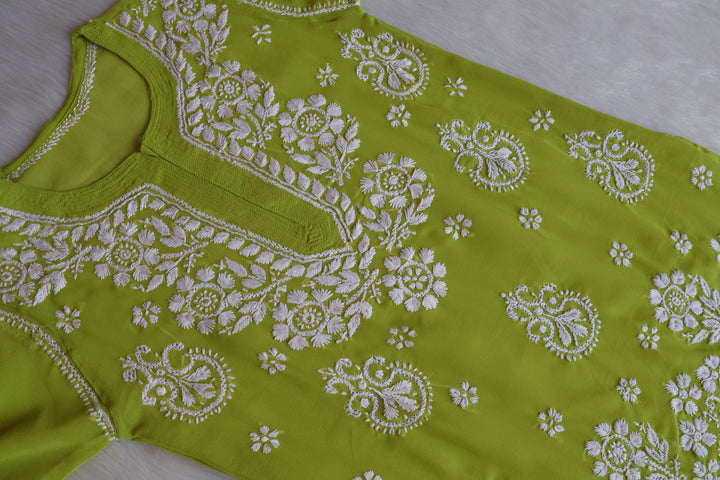 Zaira Olive Green & White Short Georgette Kurta - Noor Chikankari