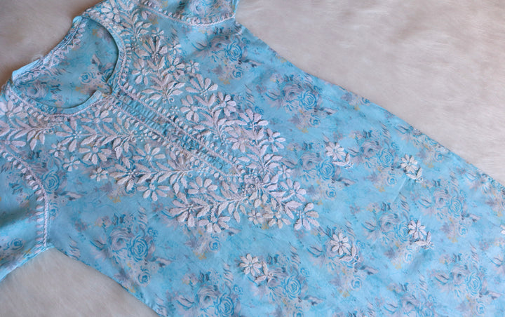 Zahra Sky Blue Floral Long MulMul kurta - Noor Chikankari