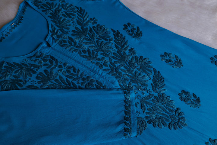 Ayra Peacock Blue Long Rayon kurta - Noor Chikankari