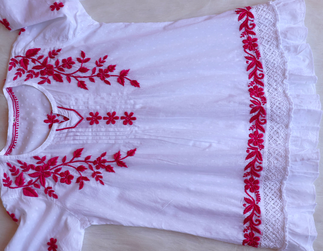 Nazakat White & Deep Pink Premium Cotton kurta