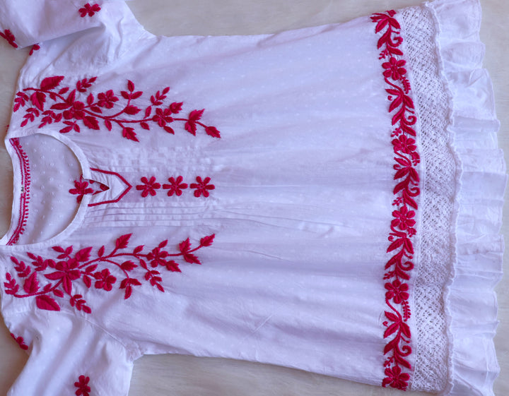 Nazakat White & Deep Pink Premium Cotton kurta