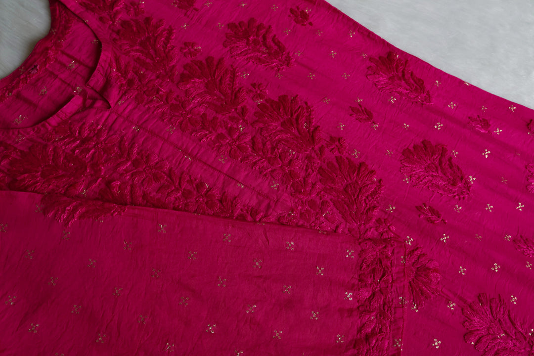Nazakat Deep Pink Premium Long Chanderi Kurta