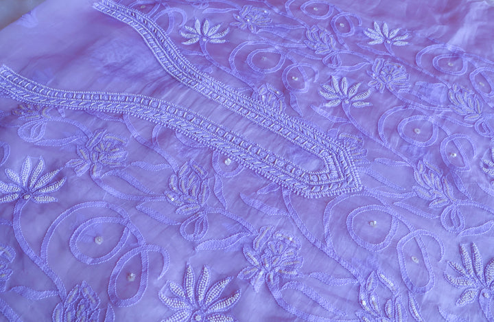 Lavender Pure Organza Silk Unstitched Kurta with dupatta