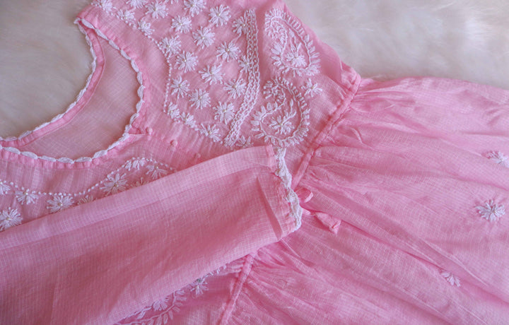 Daania Baby Pink & White Kota Pearl short Frock