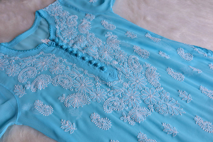 Meera Ice Blue & White Georgette kurta