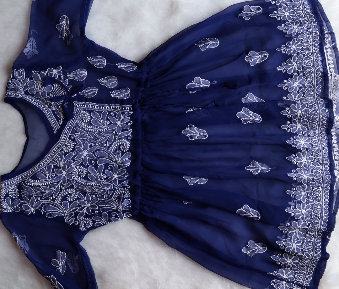 Navy Blue & White Georgette Angrakha frock
