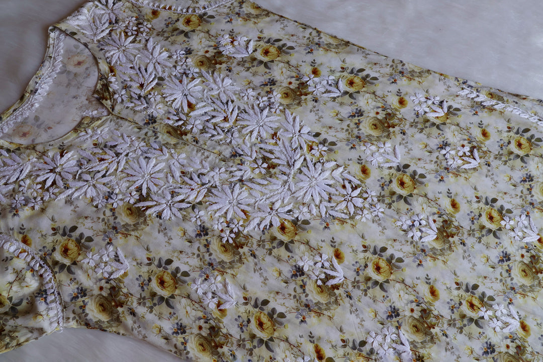 Gulbahaar Olive Green Floral Long Rayon kurta