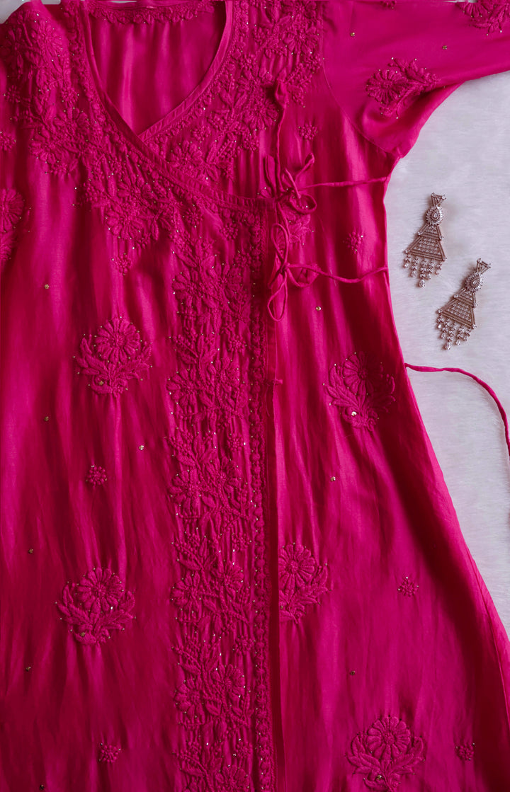 Noor Deep Pink Pure Chanderi Silk Angarakha
