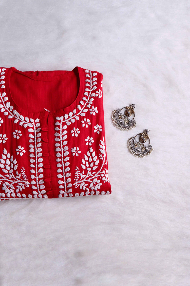 Safaa Red & White Linen Kurta