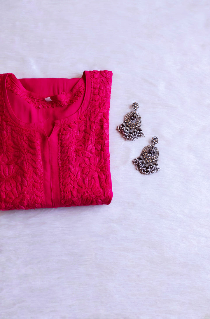 Amirah Deep Pink Ombre Long Rayon Kurta - Noor Chikankari