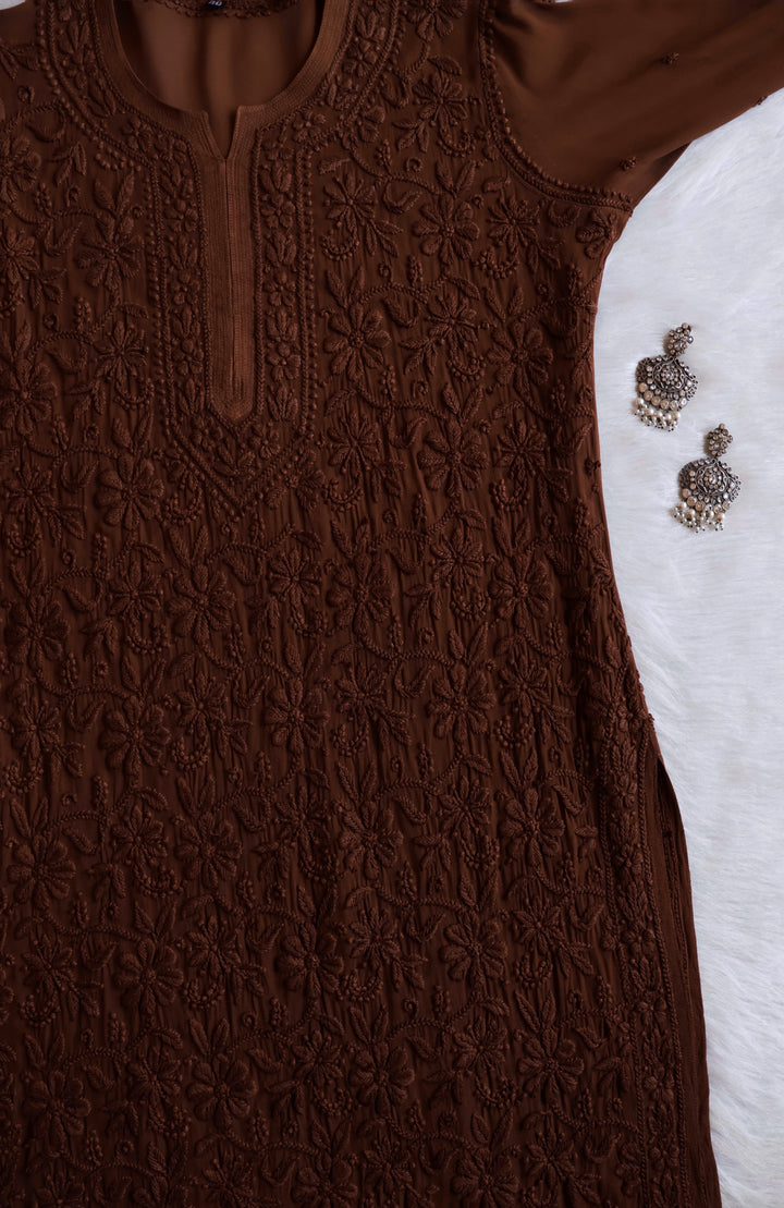 Alayna Chocolate Brown Jaal Viscose Georgette Kurta - Noor Chikankari