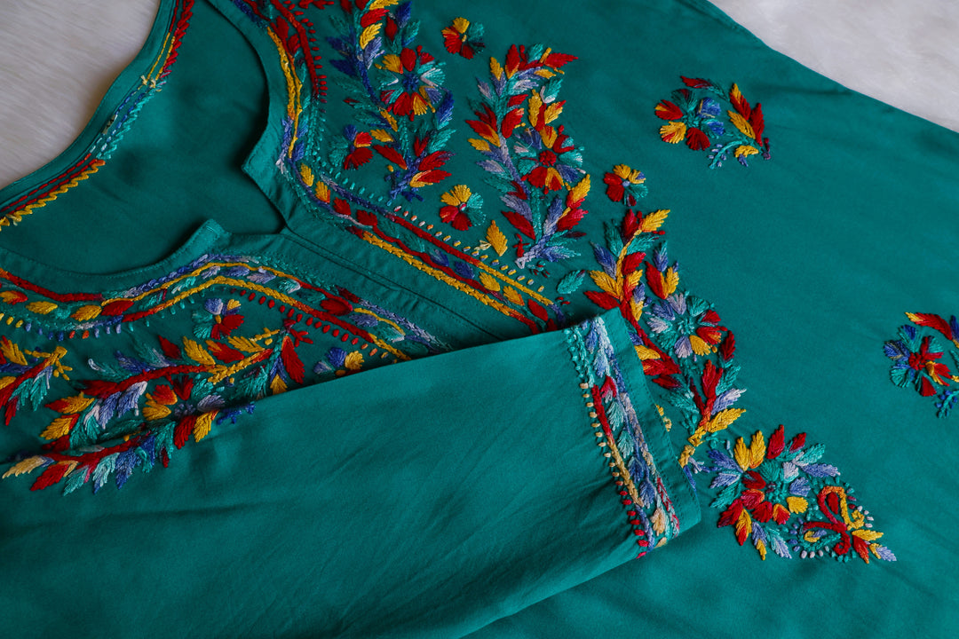 Maaham Teal & Multicoloured Short Rayon Kurta
