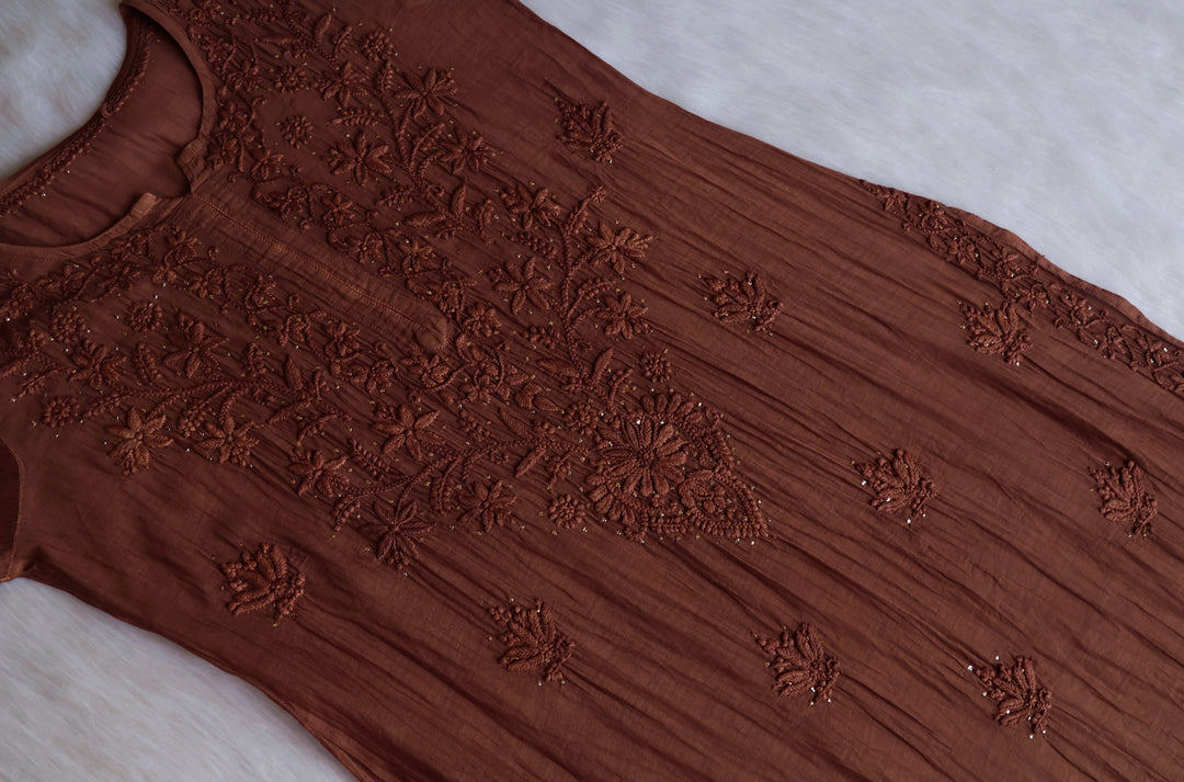 Naqsh Chocolate Brown Pure Chanderi Mulmul Set